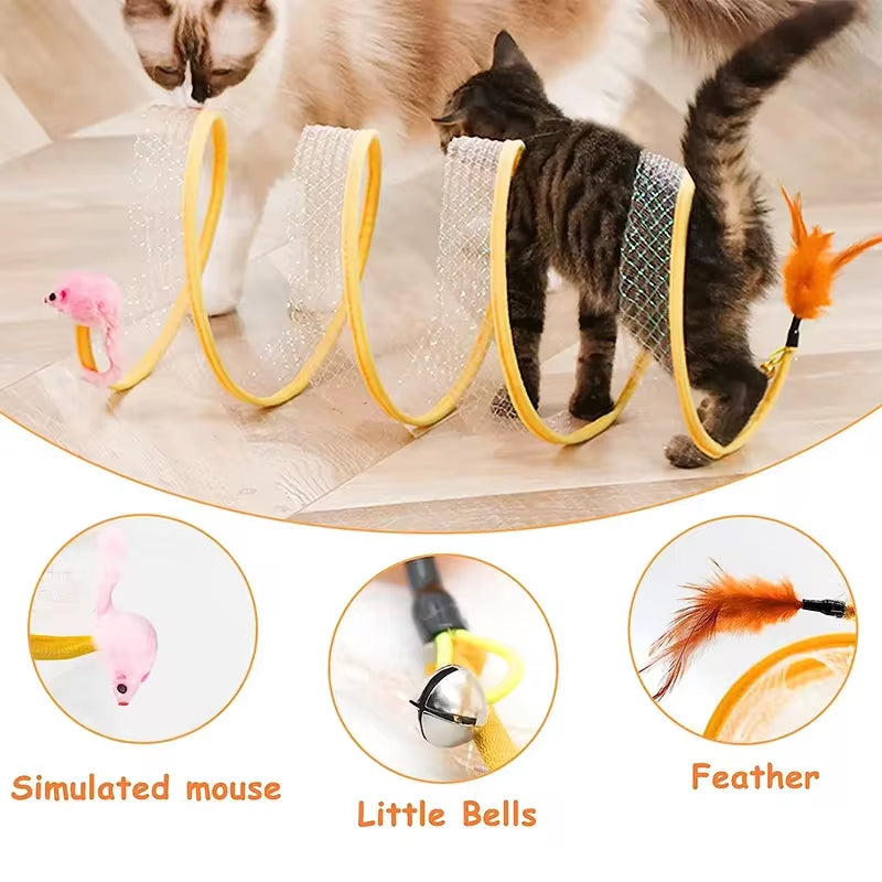 Folded Cat Tunnel S Type Cats Tunnel Spring Toy Mouse Tunnel with Balls and Crinkle Cat Outdoor Cat Toys for Kitten Interactive