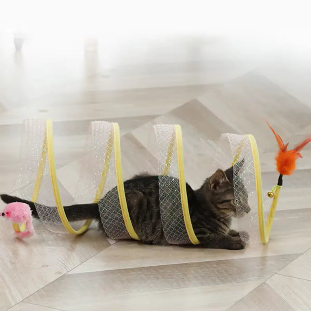 Folded Cat Tunnel S Type Cats Tunnel Spring Toy Mouse Tunnel with Balls and Crinkle Cat Outdoor Cat Toys for Kitten Interactive