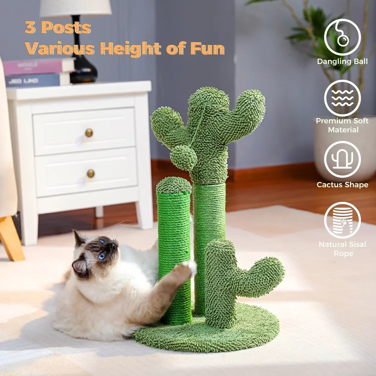 Cactus Cat Scratcher Cat Scratching Post Cactus Cat Scratcher Featuring with 3 Scratching Poles and Interactive Dangling Ball