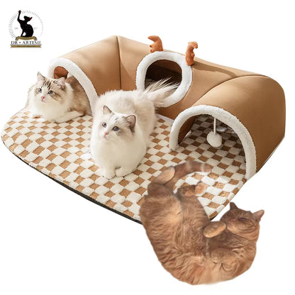 Warm Pet House Cat Tunnel Bed with Peekaboo Plush Ballet Toy Indoor Kitten Tube Accent for Multiple Cats Small for Rabbit