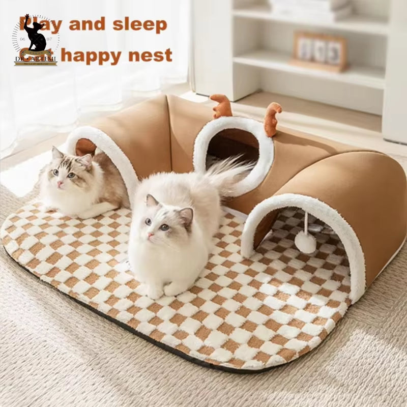 Warm Pet House Cat Tunnel Bed with Peekaboo Plush Ballet Toy Indoor Kitten Tube Accent for Multiple Cats Small for Rabbit