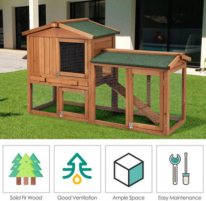 Rabbit Hutch Indoor and Outdoor, 58-Inch Bunny Cage with Removable Tray & Ramp, Wood Chicken Coop with Waterproof Roof for Rabbits, Chicken and Guinea Pigs