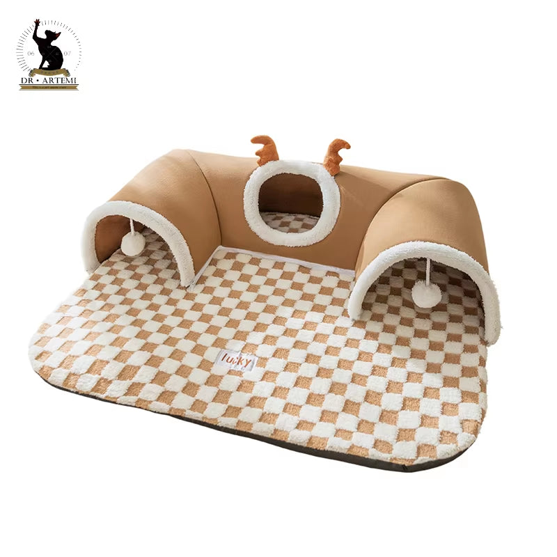 Warm Pet House Cat Tunnel Bed with Peekaboo Plush Ballet Toy Indoor Kitten Tube Accent for Multiple Cats Small for Rabbit