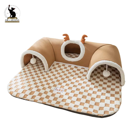 Warm Pet House Cat Tunnel Bed with Peekaboo Plush Ballet Toy Indoor Kitten Tube Accent for Multiple Cats Small for Rabbit